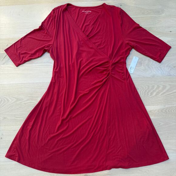 NWT Soft Surroundings Hyannis Dress 2X American Beauty Ruched 3QTR Sleeve V Neck - Picture 1 of 9